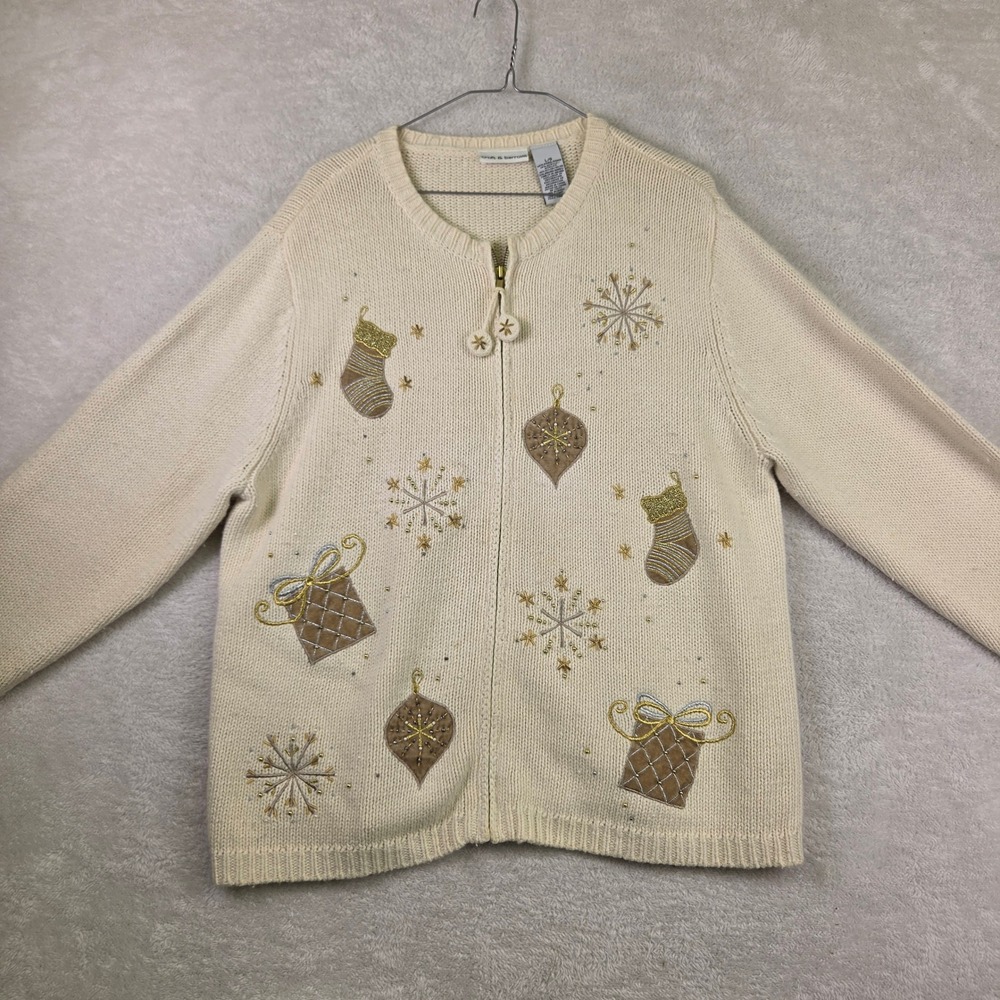Croft & Barrow Womens Large Cream Holiday Zip Cardigan Snowflake Beaded Angora